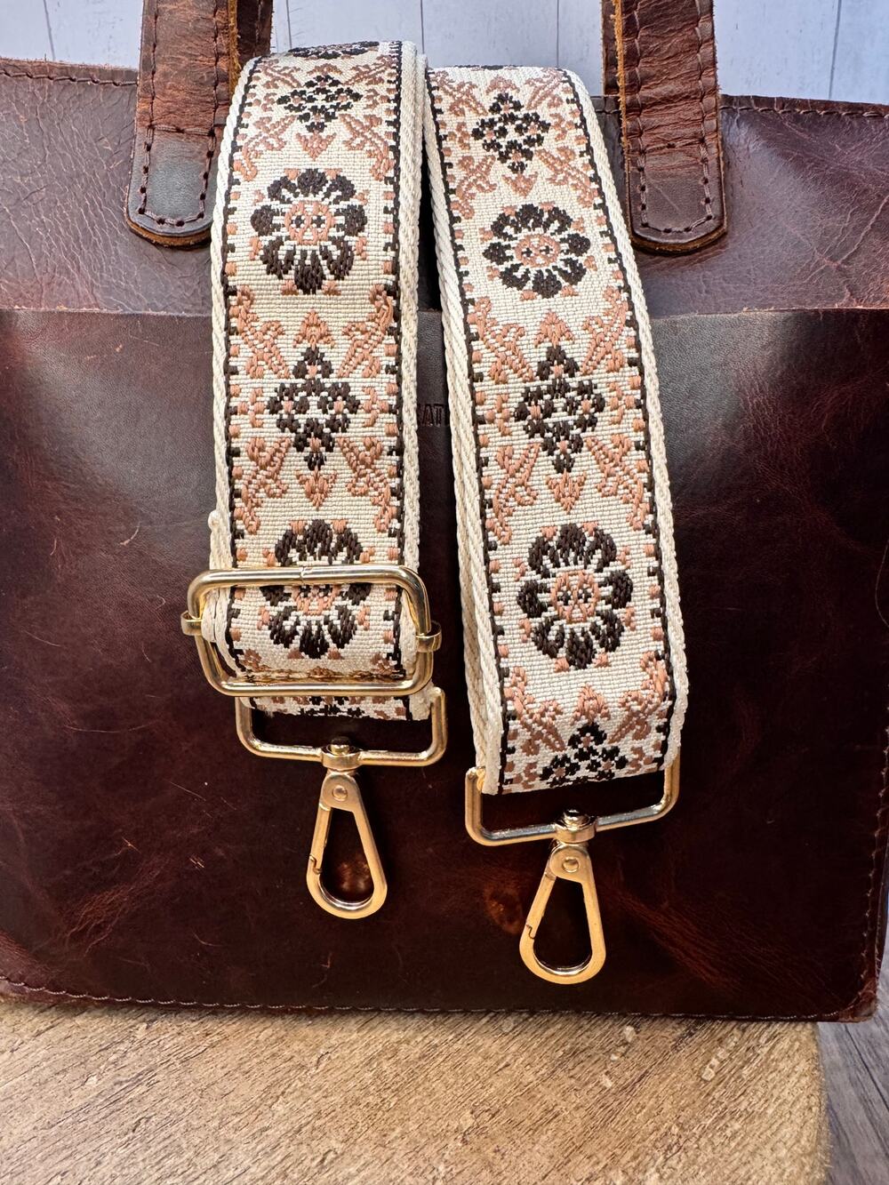 Brown Neutral Flowers Purse Strap Wide Bag Strap Boho Crossbody Purse Strap